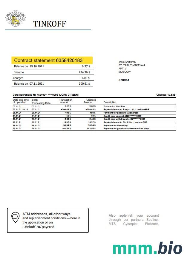 Rosja Tinkoff (wersja angielska) szablon w formacie excel pdf